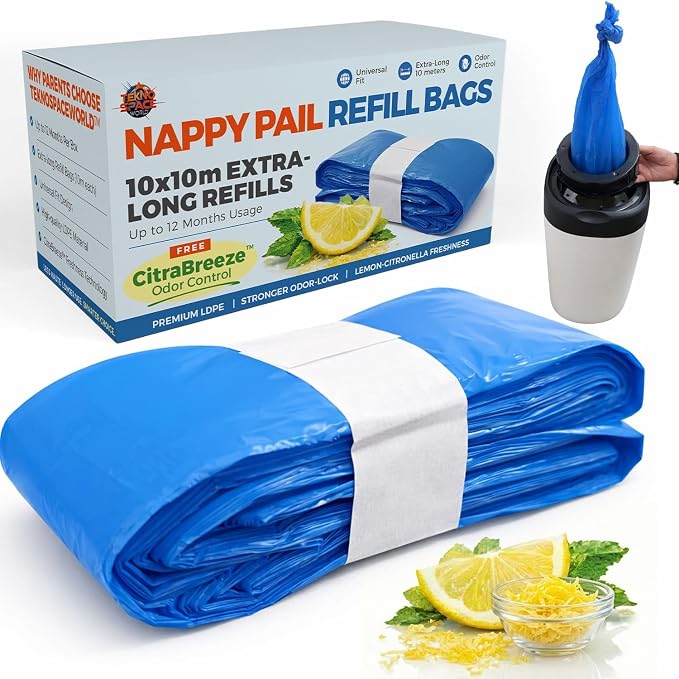 CitraBreeze Combo Pack: nappy pail refill bags box with extra-long refills and lemon-citronella freshness