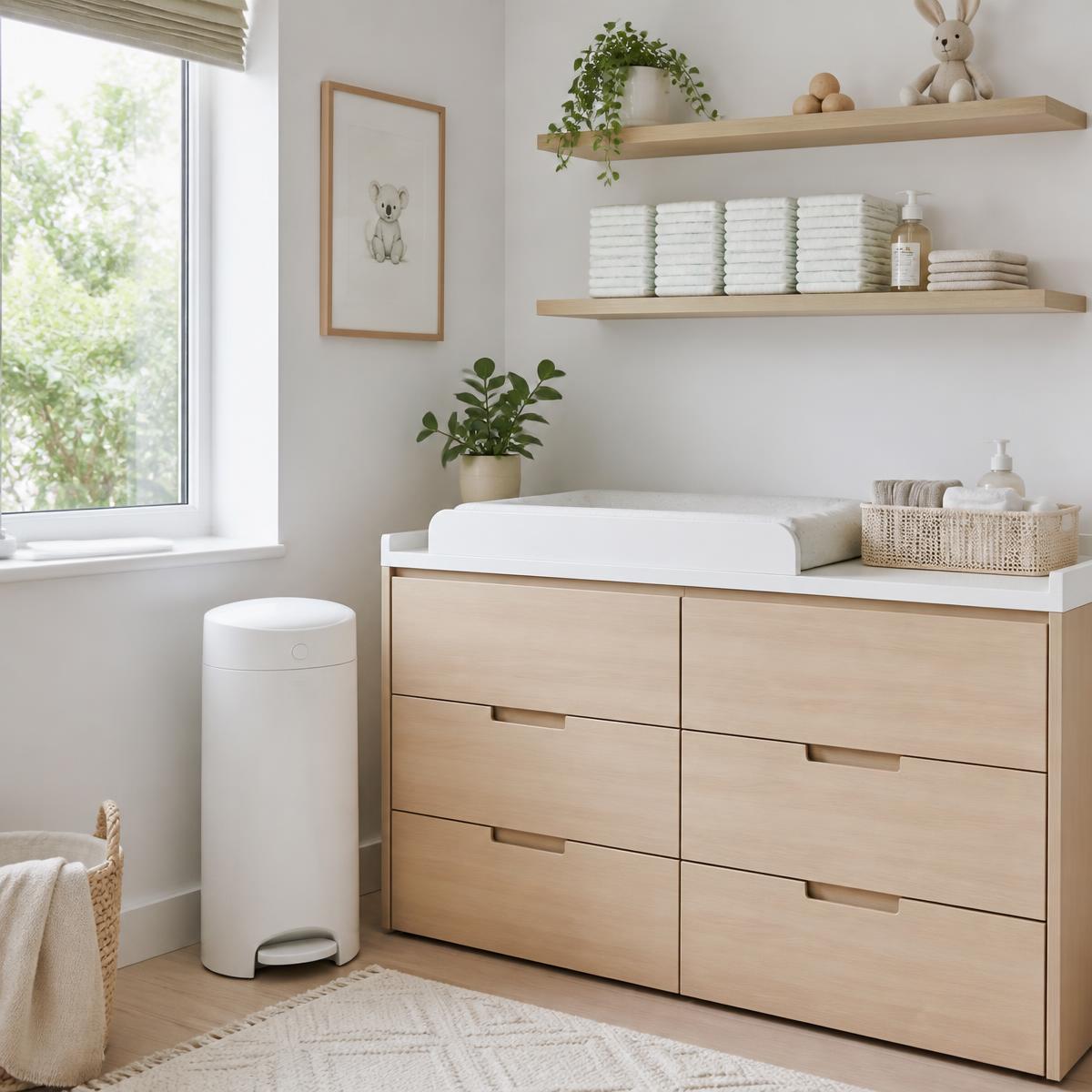 A clean, tidy nursery changing station with a closed nappy bin