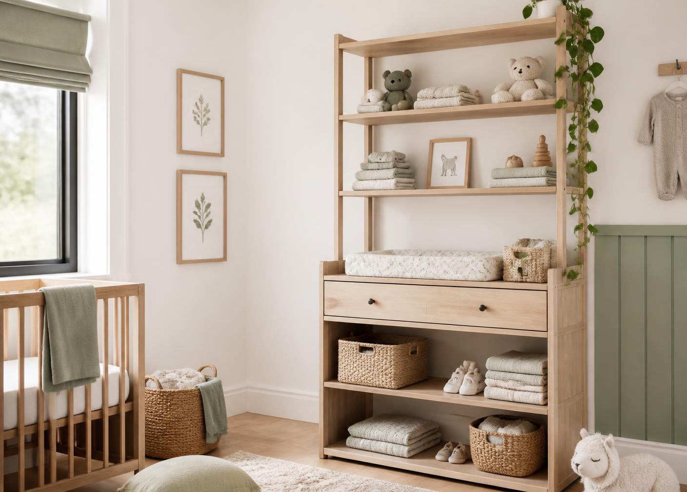 Calm modern nursery corner with pale wood shelving and neutral tones