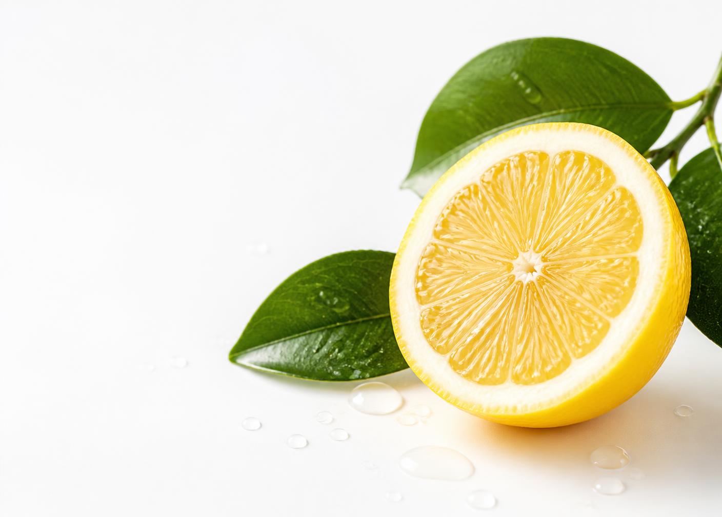Close-up of a sliced lemon with fresh green leaves